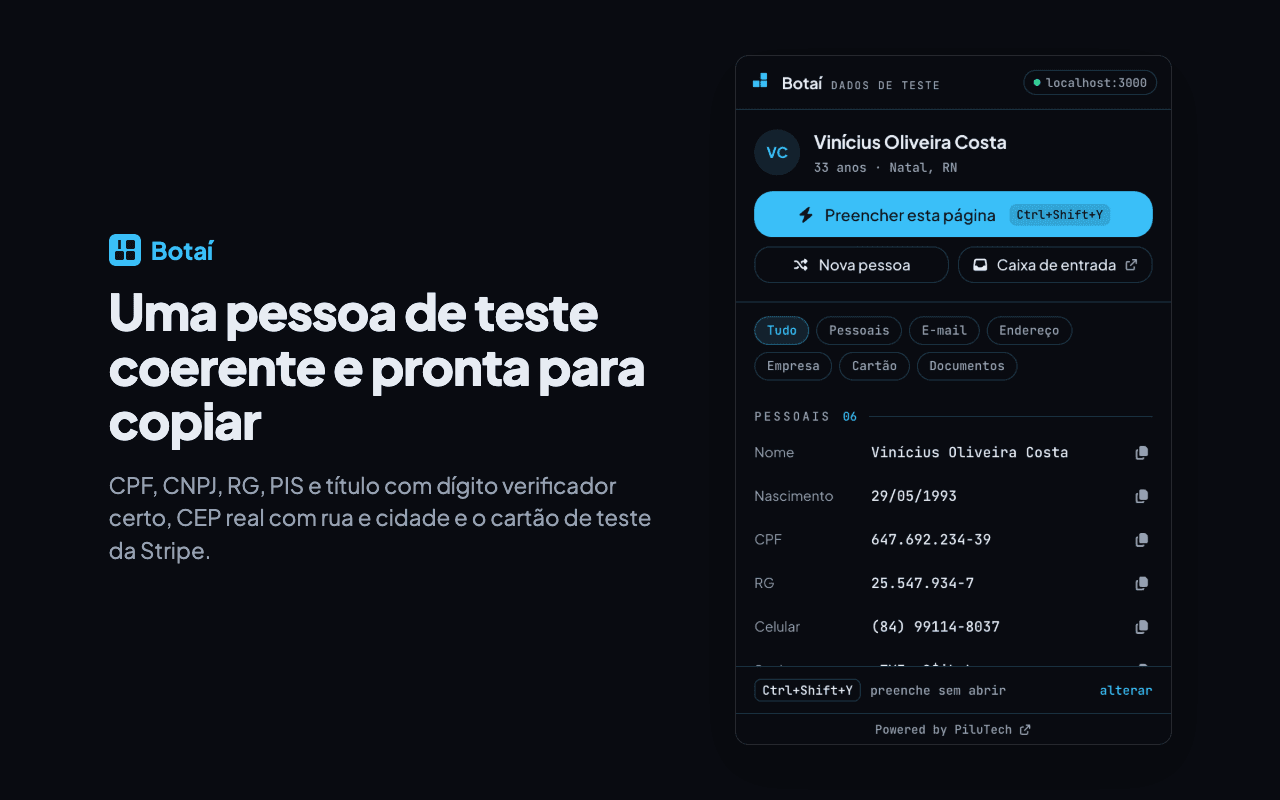 Popup do Botaí com a pessoa de teste separada por grupo e um botão de copiar em cada dado (tema escuro)