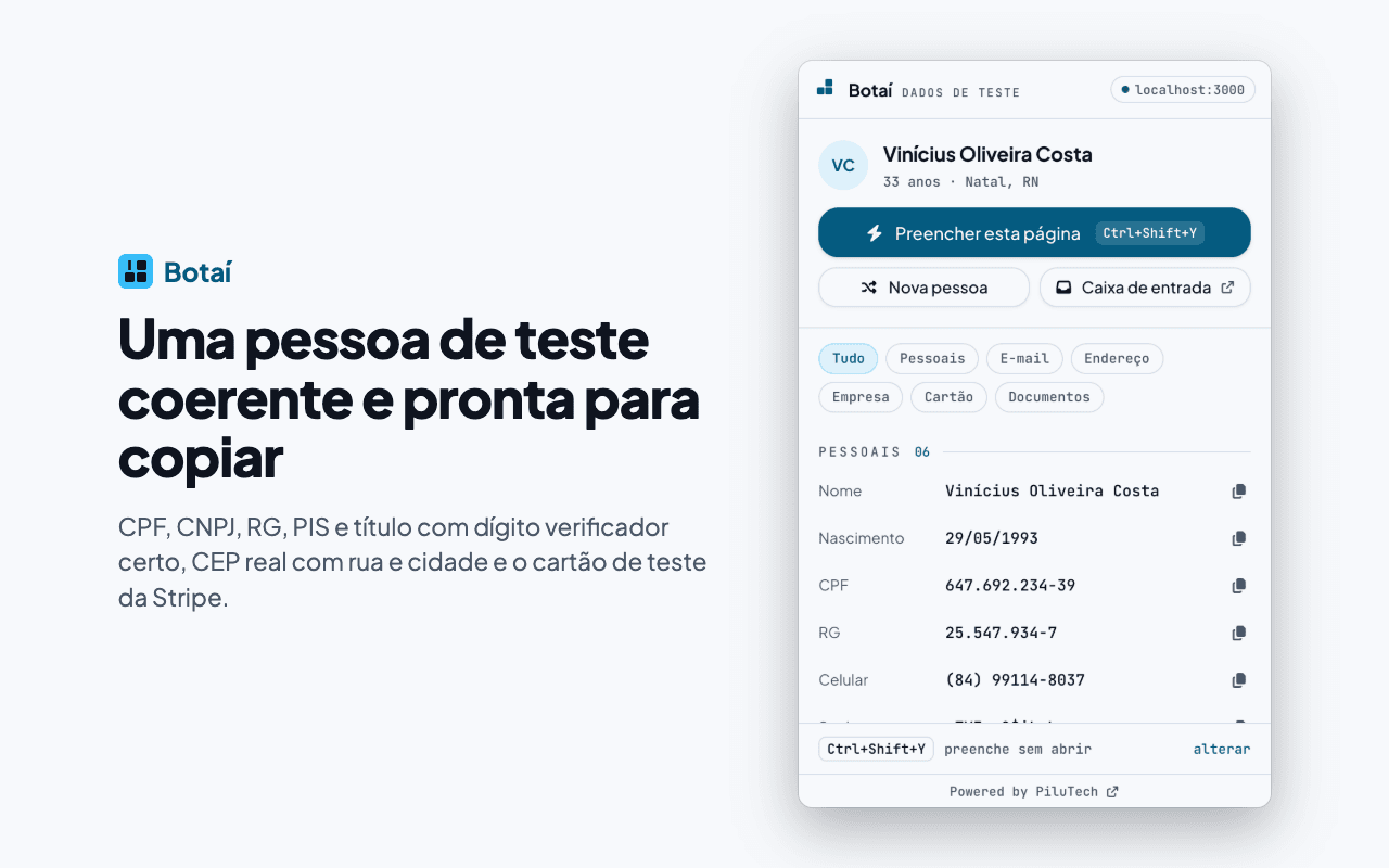 Popup do Botaí com a pessoa de teste separada por grupo e um botão de copiar em cada dado (tema claro)