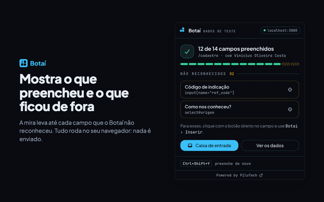 Popup do Botaí depois de preencher: 12 de 14 campos e os 2 que ficaram de fora (tema escuro)