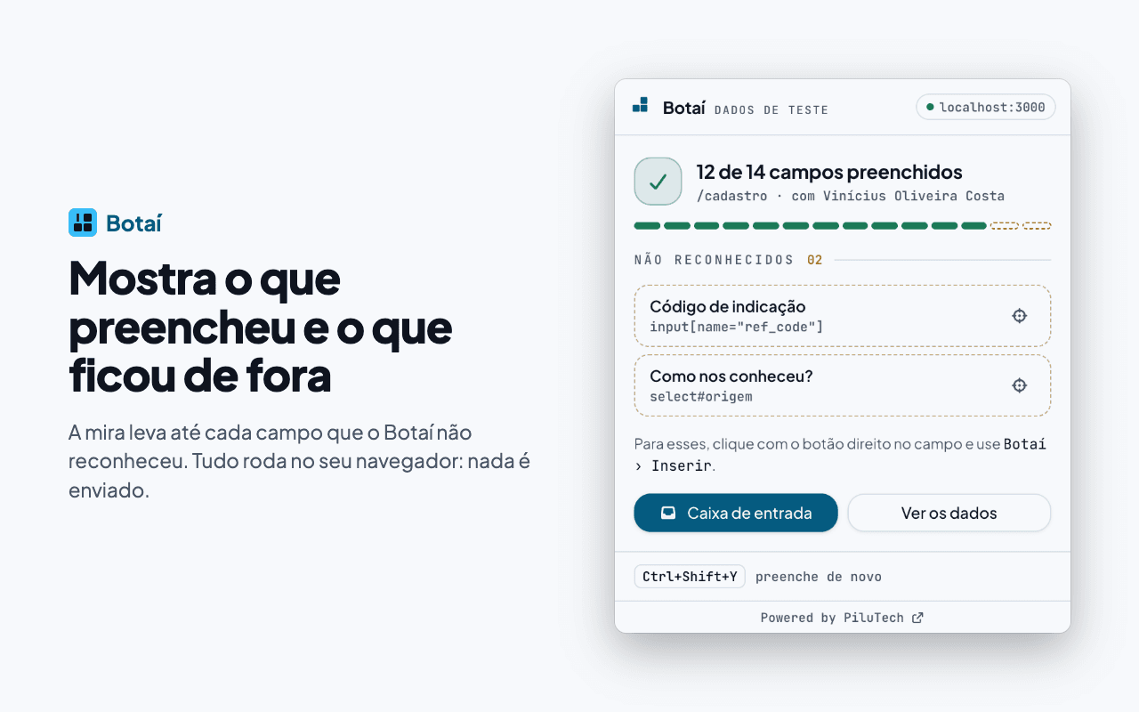 Popup do Botaí depois de preencher: 12 de 14 campos e os 2 que ficaram de fora (tema claro)